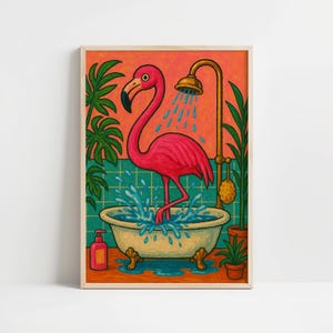 Flamingo Bathroom Wall Art Print – Whimsical Pink Flamingo Taking Shower in Bathtub Tropical Plant Jungle Funny Bathroom Decor Poster