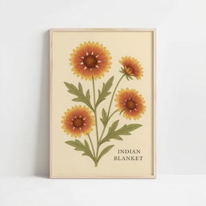 Lámina de arte mural con flores silvestres de manta india: póster vintage con ilustración botánica para amantes de la naturaleza y decoración floral rústica.