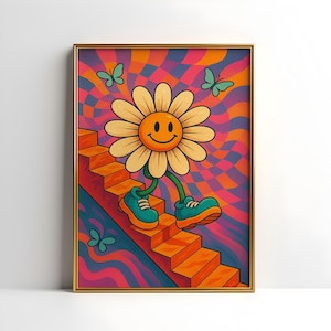 Retro Flower Print Wall Art, Retro Music & Dorm Room Decor, Printable Retro Style Art for Vintage Vibes