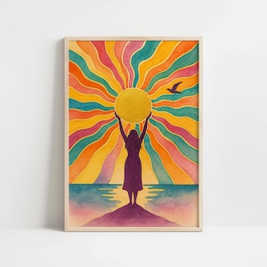 Sun Goddess Art Print Retro 70s Wall Decor Bold Funky Boho Home Poster Vibrant Feminine Colourful Sunshine Sea
