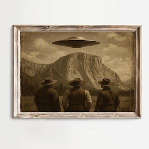Cowboys and UFO Art Print, Altered Western Photo, Funny Sci-Fi Wall Art, Moody Sepia Decor, Eclectic Man Cave Gift