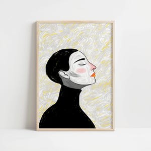 Abstraktes Frauenportrait | Moderne minimalistische Wandkunst, ruhiges figuratives Poster | Frau im Rollkragen Dekor für Schlafzimmer, Wohnzimmer