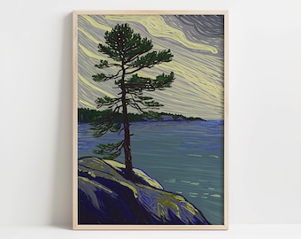 Group of Seven Style Pine Tree Art Print: Moody Lake Landscape (Digital Download