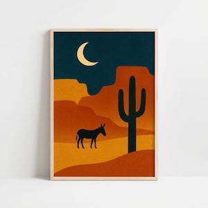 Minimalist Desert Night Wall Art Print – Southwestern Cactus Donkey Moon Poster for Boho Western Earth Tone Home Decor
