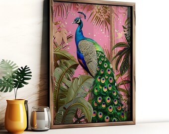Peacock Botanical Print: Opulent Gold Accent Wall Art (Digital Download)
