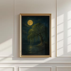 Lámina de pared de luna llena, decoración de sauce iluminado por la luna junto al lago, serenidad nocturna, paisaje de sauce llorón, póster natural para dormitorio y sala de estar