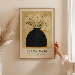 Lámina artística de jarrón negro: póster floral minimalista, arte mural escandinavo, lámina botánica moderna, decoración neutra para el hogar, idea de regalo