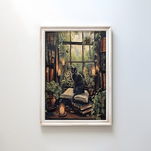 Impresión de arte de la biblioteca de gato negro en la cabaña, decoración de la pared del gato de la academia oscura, arte de la pared de Moody Cottagecore, cartel del gato negro brujo, regalo de la mamá del gato