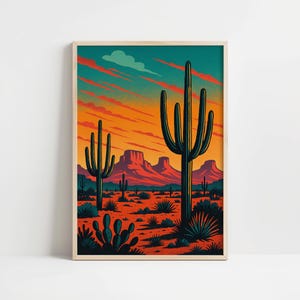Southwestern bei Sonnenuntergang Kaktus Wüste Wandkunst - Vitale Western Landschaft Poster Druck für Boho Rustikale Wohnkultur und Naturliebhaber