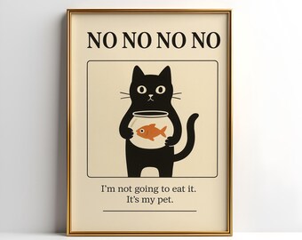 Funny Black Cat Goldfish Art Print | Kitten Illustration (Digital Download