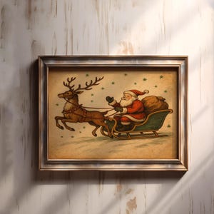 Vintage Santa and Reindeer Wall Art – Classic Christmas Sleigh Ride Print for Holiday Decor, Retro Christmas Illustration Poster