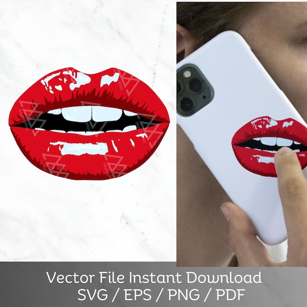 Red lips kiss mark mouth with teeth women realistic - Love -Valentine's Day vector SVG Files Printing Laser Engraving Cutting Silhouette