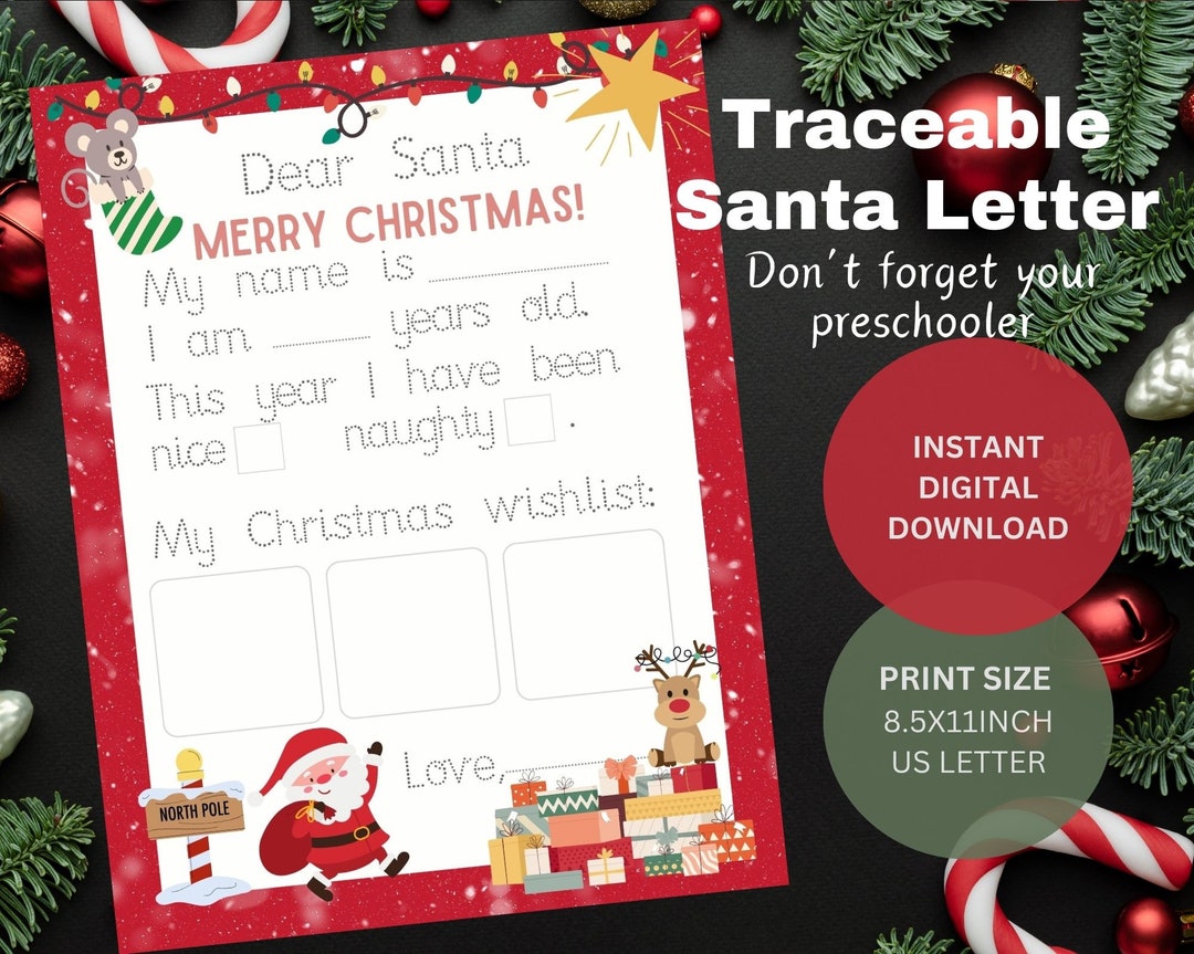 Red and Green Digital Printable Traceable Letter to Santa Template With Fun Prompts for Pre