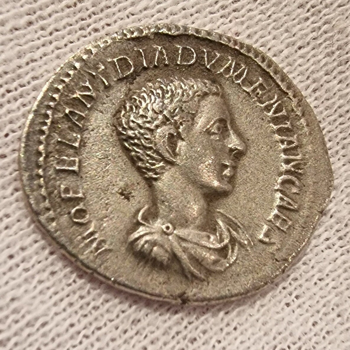 Ancient silver denarius of Diadumenian , 217-218 ad