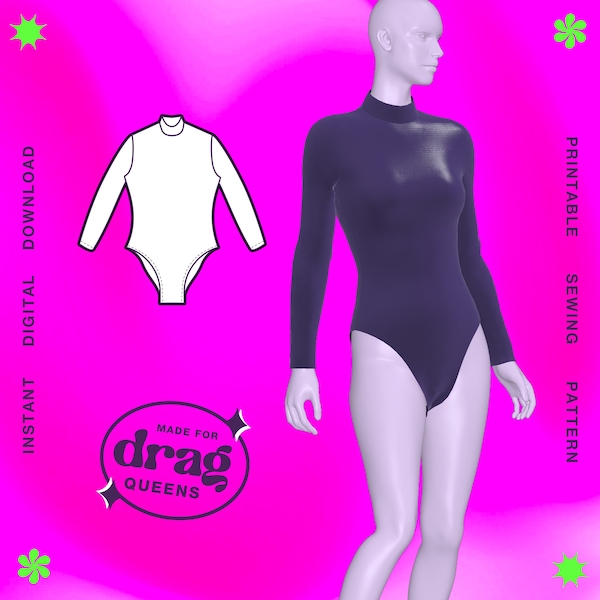Patrón de costura de leotardo de manga larga (tallas XS - 4X) - Descargar PDF Traje Drag Queen Unitard Dancewear Activewear Stretch Cosplay