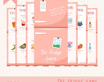 May include: A printable game called "The Fridge Game" with a pink refrigerator design. The game includes a list of food items with prices, such as carrots, Chinese food, yogurt, blueberries, and water. The game is designed for people who love snacks.