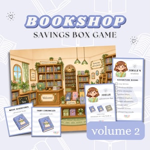 May include: A Bookshop Savings Box Game volume 2 set featuring a digital illustration of a cosy bookstore interior with shelves of books, a welcome desk, and several game cards including Joelle's wishlist and adventure book trackers.