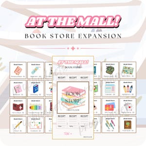 May include: A promotional image for a book store expansion, featuring a pink and white design. The text "AT THE MALL! BOOK STORE EXPANSION" is displayed at the top. The image showcases various book-related items, including books, notebooks, and stationery.
