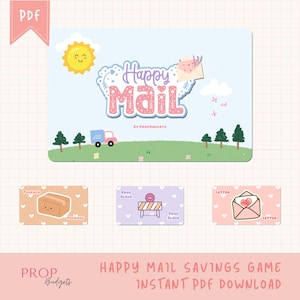 May include: A printable PDF game called "Happy Mail" with a cute cartoon illustration of a mail truck, a package, a letter, and a roadblock. The game is designed to help people save money.