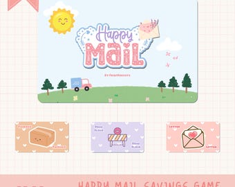 May include: A printable PDF game called "Happy Mail" with a cute cartoon illustration of a mail truck, a package, a letter, and a roadblock. The game is designed to help people save money.