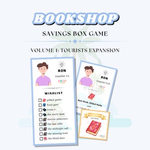 May include: Image of a game called "Bookshop Savings Box Game: Volume 1: Tourists Expansion." The image features game cards with illustrations and text, including a wishlist and a rare book card. The cards have a light blue border.