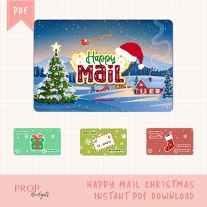 Puede incluir: Tarjetas de Navidad imprimibles Happy Mail con una escena de invierno con un árbol de Navidad, una casa y un gorro de Papá Noel. Las tarjetas incluyen un regalo, una carta a Papá Noel y un relleno para calcetines.