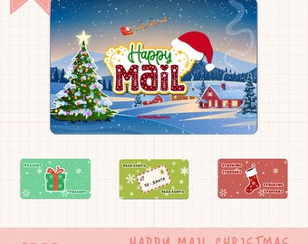 May include: Printable Happy Mail Christmas cards featuring a winter scene with a Christmas tree, a house, and a Santa hat. The cards include a present, a letter to Santa, and a stocking stuffer.