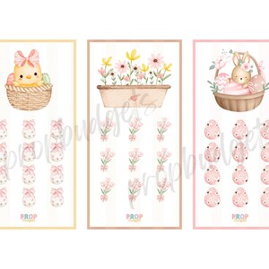 May include: Watercolor illustrations of Easter-themed designs. The image features three panels with a chick in a basket, flowers in a planter, and a bunny in a basket. Each panel has coordinating egg and flower stickers. The word "PROP" is at the bottom of each panel.