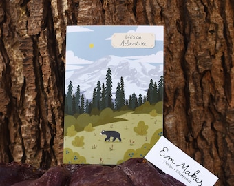 Life is an Adventure Card // PNW Greeting Card // Mountain Scene with Bear and Blueberries Card