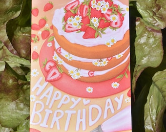 Strawberry Birthday Card // Strawberry Cake Card // Happy Birthday Card