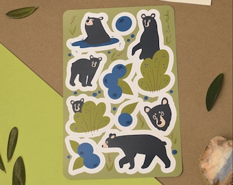 Bears and Blueberries Sticker Sheet // Bear Sticker Sheet // PNW Sticker Sheet