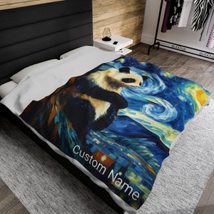 Personalized Panda Velveteen Plush Blanket, starry night, customizable, custom name given by buyer