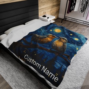 Personalized Bird Starry Night Velveteen Plush Blanket, Customizable, custom name given by buyer