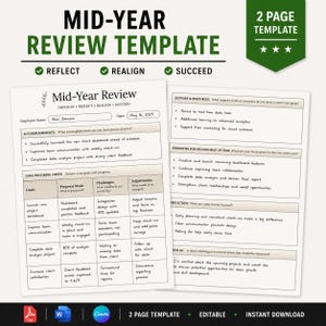 May include: A two-page Mid-Year Review template document featuring sections for accomplishments, goal progress checks, support resources, and priorities. The form includes fields for employee name and date, with text headers Reflect, Realign, and Succeed.