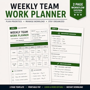 Könnte beinhalten: Ein zweiseitiger Wochenplaner für die Teamarbeit mit grünem und weißem Design. Der Planer enthält Abschnitte für Planung, Arbeitslastverwaltung und Organisation. Er bietet einen Wochenüberblick, Aufgaben, Besprechungen und wichtige Termine. Der Text enthält "Weekly Team Work Planner".