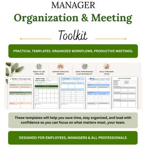 May include: A digital manager organisation and meeting toolkit featuring five printable templates including a weekly 1:1 meeting guide, team work planner, session planner, meeting notes and action tracker, and a new hire onboarding plan document.