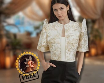 Luningning Beige with Gold Details Bolero, Traditional Blouse | Terno Boutique Bolero | Filipiniana Attire, Filipina Formal Wear