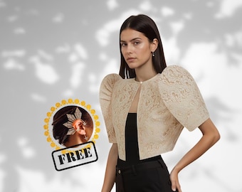 Catalina Light Gold Embroidery Bolero, Traditional Blouse | Terno Boutique Bolero | Filipiniana Attire, Filipina Formal Wear