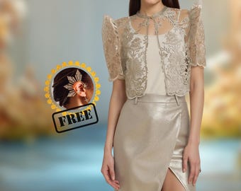 Rosario Silvery White Bolero, Elegant Embroidered Blouse | Filipina Moderne Bolero | Filipiniana Attire, Filipina Formal Wear