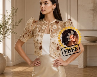 Divina Champagne Bolero, Elegant Embroidered Floral Blouse | Filipina Moderne Bolero | Filipiniana Attire, Filipina Formal Wear