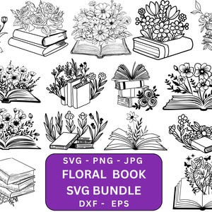 May include: A set of 12 black and white floral book illustrations. The illustrations feature books with flowers growing from them. The illustrations are perfect for creating digital or physical products such as greeting cards, invitations, scrapbook pages, and more.