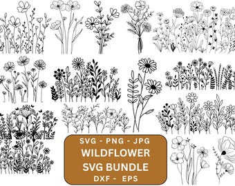 Paquete de Svg de flores silvestres, ramo de flores minimalista, Svg floral, clipart de flores silvestres, Svg de prado de flores, Svg de boceto de flores, descarga digital.