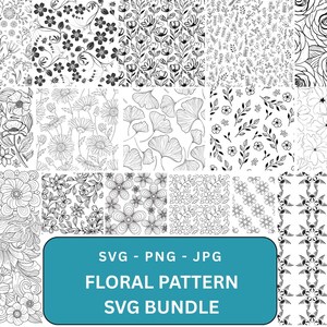 May include: A set of 12 black and white floral patterns. The patterns are arranged in a grid and include various floral designs, including roses, leaves, and geometric shapes. The text "SVG - PNG - JPG FLORAL PATTERN SVG BUNDLE" is displayed at the bottom of the image.