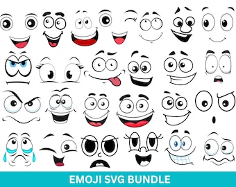 漫画の感情的な顔のSVGバンドル、絵文字SVGバンドル、絵文字のフェイスパック、かわいい面白い顔のSVG、絵文字シャツの印刷、印刷とステッカー、カード作成