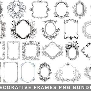 May include: A set of 20 decorative frames in black and white. The frames are in various styles, including ornate, simple, and floral. The frames are perfect for adding a touch of elegance to any project.