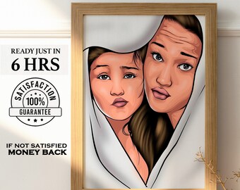 May include: A digital illustration of two women, one with brown hair and the other with black hair, peeking out from behind a white sheet. The illustration is framed in a wooden frame.