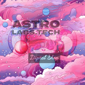 Peut inclure: Un fond de galaxie rose et violet avec des nuages blancs et des planètes. Le texte "ASTRO LABS.TECH Digital Shop" est superposé à l'image.