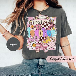 Comfort Colors Trendy Teacher Shirt, Colorful Doodle Back To School Shirt, Preppy Coquette School T-shirt, Girly Pink Bow Tee, Teacher Gifts