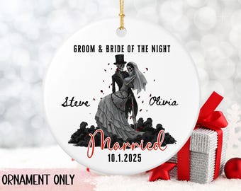 Personalized Gothic Wedding Ornament, Skeleton Bride & Groom Keepsake, Goth Newlywed Christmas Gift, Custom Names and Date Ornament