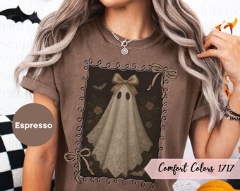 May include: Espresso-colored t-shirt featuring a framed ghost design with a bow, bats, and floral accents. The design is in a rectangular frame with decorative edges. The text "Comfort Colors 1717" is displayed on a pink banner.